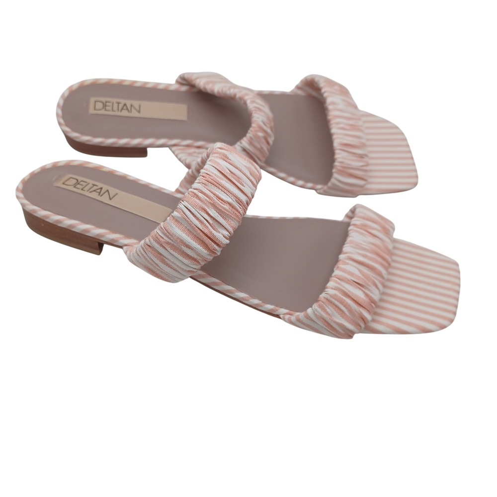 Deltan Womens Pink White Striped Ruched Square Toe Flat Slide Sandals Size 10M